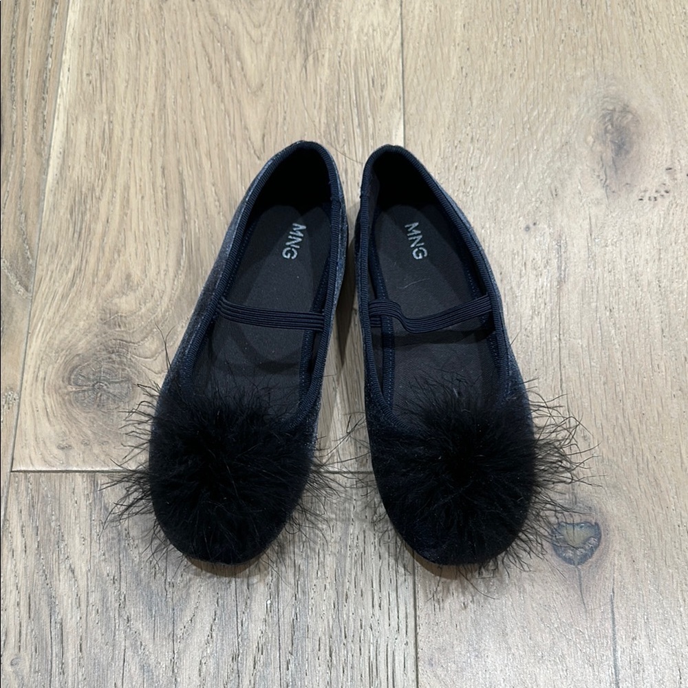 Mango Dark Gray Girls Ballet Flats with Black Feather on Top